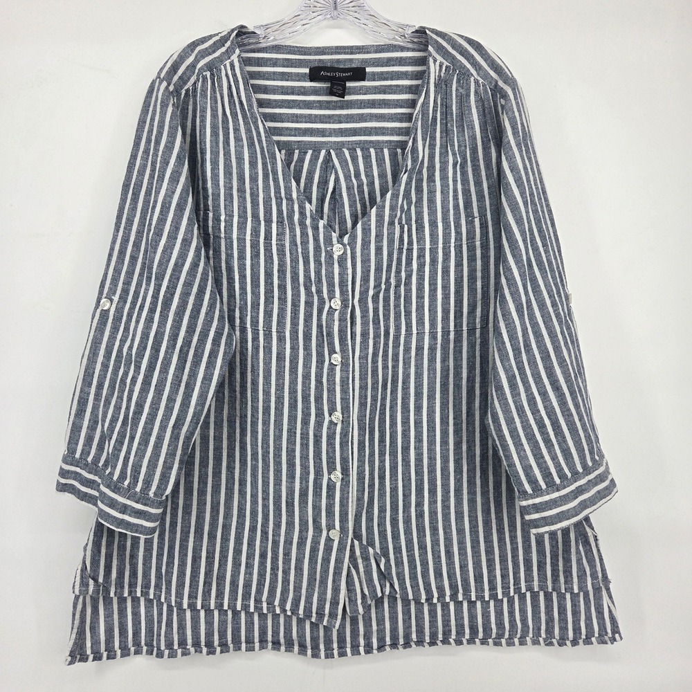 Ashley Stewart Button Down Shirt 18 Blue White Stripe Linen Blend Coastal Boho